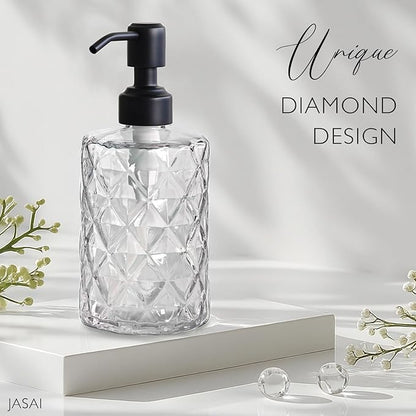 JASAI Diamond Design 12 Oz Glass Soap Dispenser with Black Pump, Small Hand soap Dispenser with Rust Proof Pump, Bathroom Soap Dispenser for Hand Soap, Soap, Lotion(Black). - Image 6