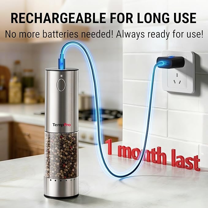 TempPro 100ml Electric Salt and Pepper Grinder Set Rechargeable, Automatic Pepper Grinder Shakers with External Adjustment, Refillable Pepper Mill Set with Cover & LED, 2-Pack(Previously ThermoPro) - Image 5