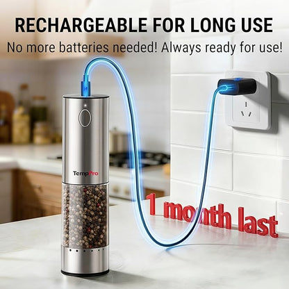 TempPro 100ml Electric Salt and Pepper Grinder Set Rechargeable, Automatic Pepper Grinder Shakers with External Adjustment, Refillable Pepper Mill Set with Cover & LED, 2-Pack(Previously ThermoPro) - Image 5