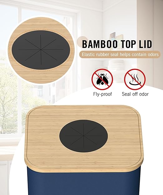 Recycling Bins for Kitchen, 26 Gallon (100L) Recycle Bin with Bamboo lid, Indoor Oxford Fabric Recycling Trash Can with 2pcs Removeable and Reusable Inner Bags for Bottle Can Glass Plastice, Blue - Image 7