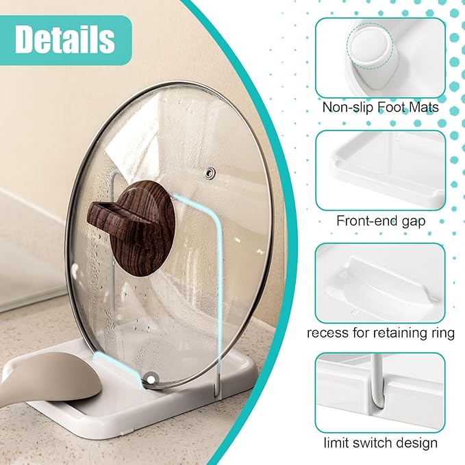 Pot Lid Holder with Spoon Rest for Stove Top and Kitchen Counter, Foldable Pot Lid Organizer with Non-Slip Pads for Lids, Spoons and Spatulas, White - Image 2