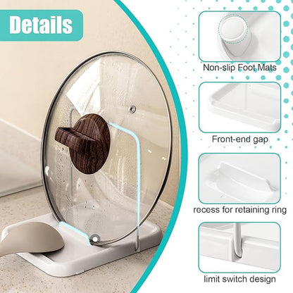 Pot Lid Holder with Spoon Rest for Stove Top and Kitchen Counter, Foldable Pot Lid Organizer with Non-Slip Pads for Lids, Spoons and Spatulas, White - Image 2