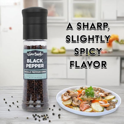 Spice Bounty - Whole Black Peppercorns with Grinder 5.8 oz | Adjustable Pepper Mill, Freshly Ground Pepper, Natural Seasoning Spice