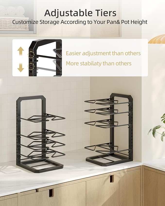 Pots and Pans Organizer under Cabinet, 5 Adjustable Tiers Heavy-Duty Pan Pot Organizer with 16.5" Height, Holds 55 LB - Cast Iron Skillets, Griddles, Shallow Cookware - Image 4