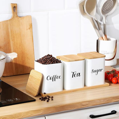 Tioncy Coffee Tea Sugar Container with Tray Set of 3 Airtight Metal Canister with Bamboo Lid Tray for Kitchen Counter Dining Room Farm House Kitchen Style Drink Station Organizer Set(White) - Image 3