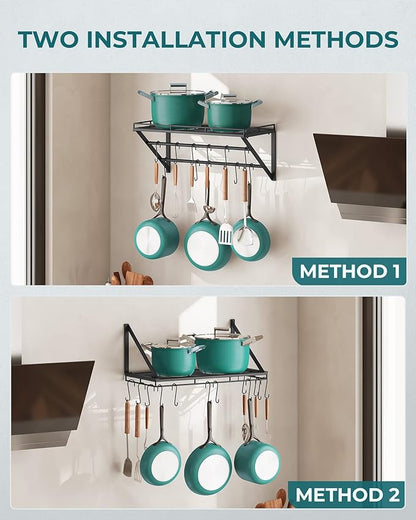 OROPY 23 Inch Wall Mounted Pot Rack Storage Shelf with 2 Tier Hanging Rails 12 S Hooks included, Ideal for Pans, Utensils, Cookware, Plant Black - Image 5