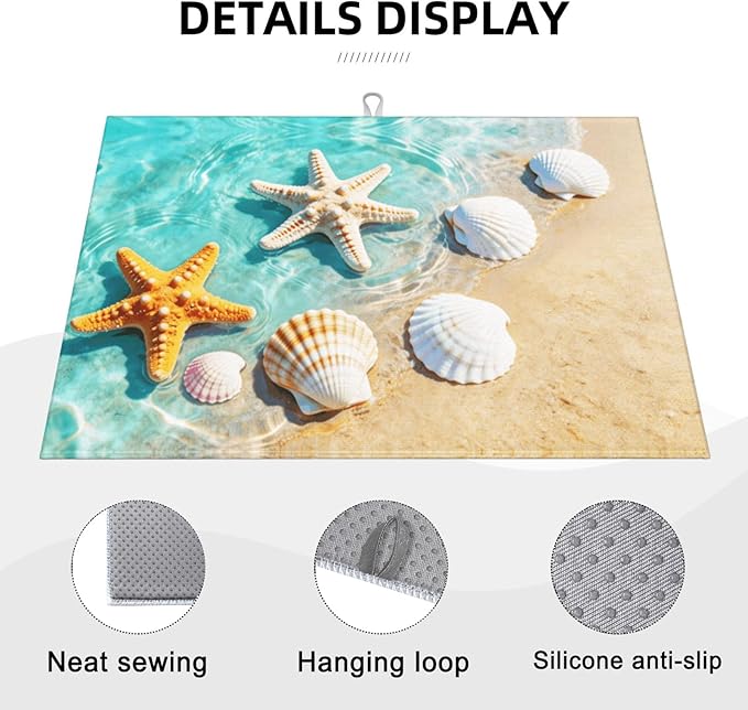 Ocean Sea Dish Drying Mat for Summer Kitchen Counter, Microfiber Absorbent Beach Dish Draining Mat Extra Large 18"x24" - Image 3