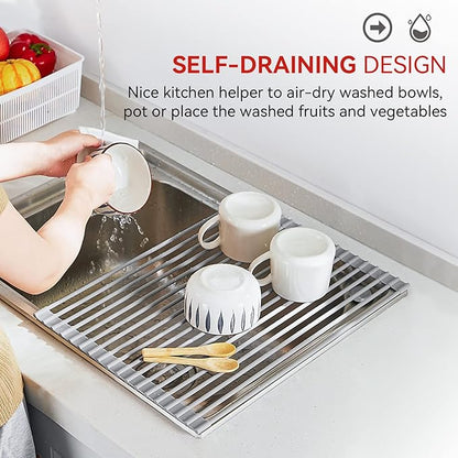 MERRYBOX Roll Up Dish Drying Rack, Silicone Wrapped Over The Sink Dish Rack Foldable Dish Drainer Anti-Slip Dish Racks for Kitchen Counter, Multipurpose Kitchen Sink Drying Rack, 18" x 13", Light Gray - Image 8