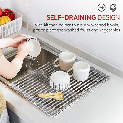 MERRYBOX Roll Up Over The Sink Dish Drying Rack Silicone Wrapped Foldable, Heat-Resistant, Anti-Slip Sink Rack Multipurpose Dish Drainer for Kitchen Sink Counter - Grey, 17.5" x 11" - Image 7