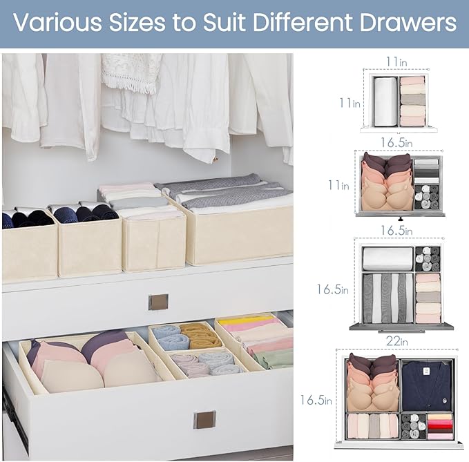 Criusia Drawer Organizer Clothes,16 Pack Underwear Drawer Organizers, Foldable Closet Organizers and Storage Dresser Drawer Dividers Clothing Organizer for Clothes, Socks, Scarves, Bra, Ties (Beige) - Image 6