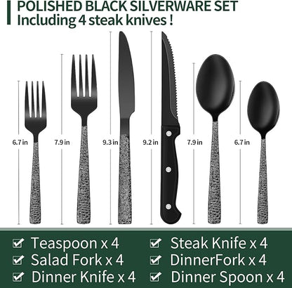 EWFEN 24-Piece Black Silverware Set with Steak Knives, Black Flatware Set for 4, Food-Grade Stainless Steel Tableware Cutlery Set, Mirror Finished Utensil Sets for Home Restaurant, Hammered Edge - Image 2