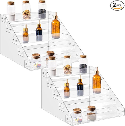 2 Pcs Acrylic Tiered Spice Rack Organizer 5 Tier Vertical Seasoning Organizer Clear Spice Shelf Tiered Pantry Shelves for Cabinet Kitchen Countertop Storage Organization Display, 12.2 x 10.6 x 7.8 In