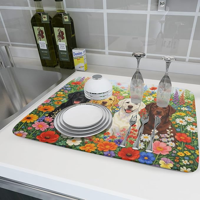 Spring Absorbent Drying Mat Colorful Flowers Dog Dish Drying Mat for Kitchen Counter 18 X 24 In - Image 6