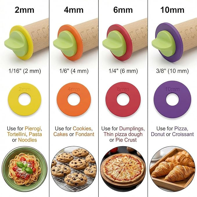 Rolling Pin With Thickness Rings, Adjustable Wooden Rolling Pin Set, 17 inch Rolling Pins for Baking, Biscuit, and Dough Kneading, Pizza Dough, Paster Roller