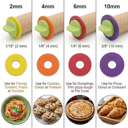 Rolling Pin With Thickness Rings, Adjustable Wooden Rolling Pin Set, 17 inch Rolling Pins for Baking, Biscuit, and Dough Kneading, Pizza Dough, Paster Roller