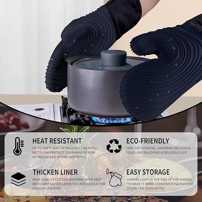 Silicone Oven Mitts,Cotton Lined Gloves, BPA-Free, Long Cooking Mitts and Trivet Mats, Oven Mitts Set for BBQ, 4 Pieces (Dark Grey) - Image 3