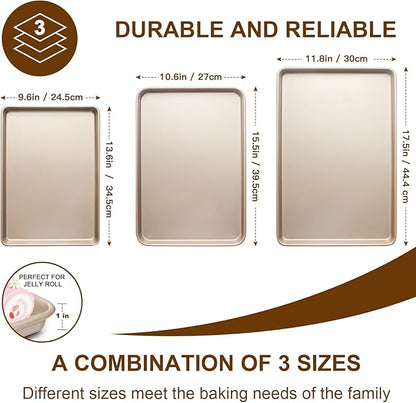 Baking Sheet Pan Set of 3, Commercial Cookie Sheets for Baking, Nonstick Half/Quarter/Jelly Roll Pans Replacement Toaster Oven Tray, Heavy Duty & Easy Clean, Champagne Gold - Image 3