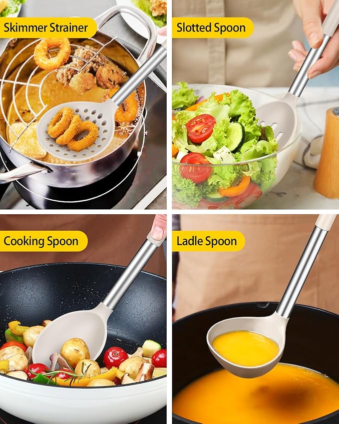 Silicone Cooking Utensil Set, 8Pcs Non-stick Cookwares with Stainless Steel Handle, BPA Free Heat Resistant Kitchen Tools with Spatulas, Turners, Spoons, Skimmer and Pasta Fork (KHAKI) - Image 4