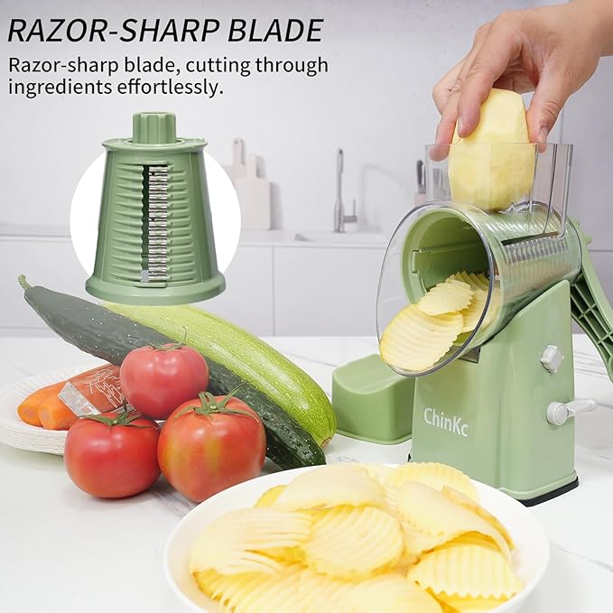 Upgrade Rotary Cheese Grater Shredder with Handle, Strong Suction Base, Multi-purpose Rotary Grater Slicer with 5 Interchangeable Blades for Ice, Vegetables, Fruit, Nuts with Blade Storage Box - Image 7