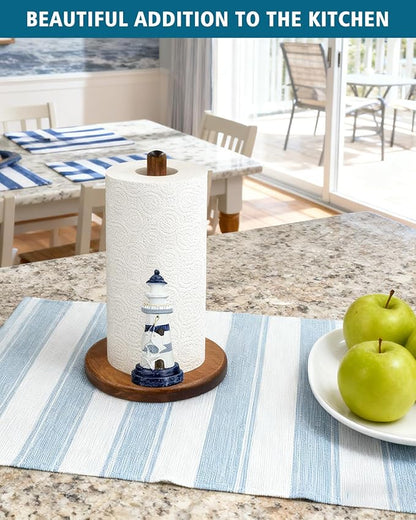 Lighthouse Paper Towel Holder, Nautical Coastal Beach Ocean Decor for Kitchen Bathroom Countertop, Freestanding Wooden Stand, Standard & Jumbo Rolls, Lighthouse Gift for Women