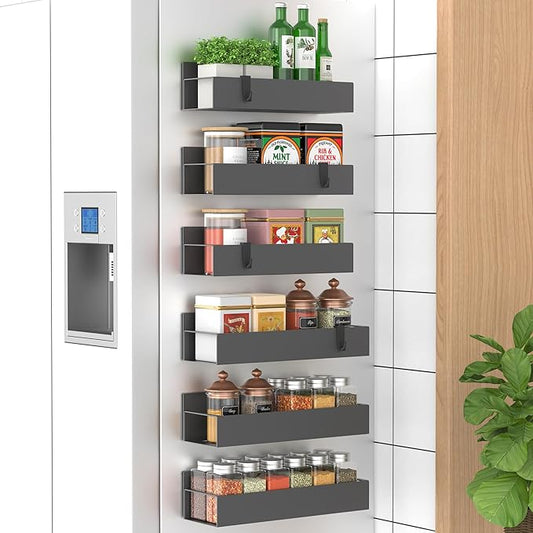HuggieGems 6 Pack Magnetic Spice Storage Rack Organizer for Refrigerator and Oven, Dark Gray Fridge Organizers and Storage by HuggieGems