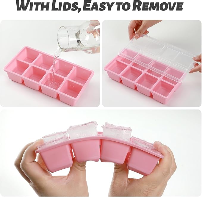 Large Ice Cube Trays with Lid, Jrisbo 2 Pack Stackable Silicone Ice Cube Molds for Freezer, Easy Release 16 Big Square Ice Trays for Whisky Cocktails (Pure Pink) - Image 2