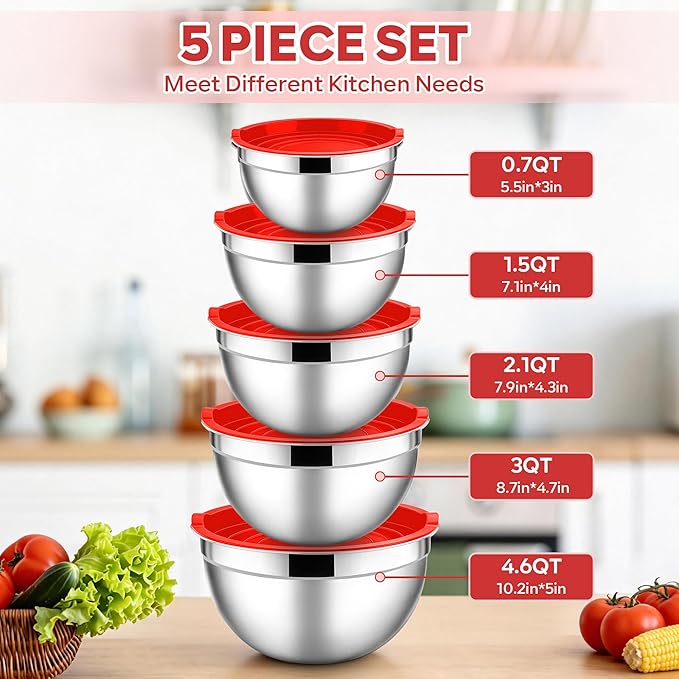 E-far Mixing Bowls With Lids Sets of 5, 10-Piece Stainless Steel Salad Metal Nesting Bowl for Baking Cooking and Prepping, Airtight Lid & Stackable Design, Size 4.6, 3, 2.1, 1.5, 0.7 QT, Red - Image 2