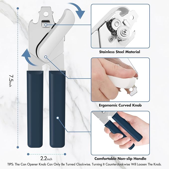 Can Opener Manual, COKORA Can Openers Hand Held with Comfort Anti-Slip Handles, Heavy Duty Stainless Steel Can Opener Smooth Edge and Bottle Openers, Easy Turn Can Openers for Seniors, Kitchen, Blue - Image 2