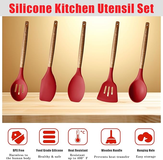 Kitchen Utensils Set, Silicone Cooking Utensils Set,Non-Stick Silicone Spatula Set with Natural Acacia Hard Wood Handle, 5 Piece, Upgraded Thickened Cookware - Image 2