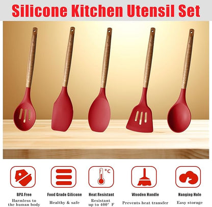 Kitchen Utensils Set, Silicone Cooking Utensils Set,Non-Stick Silicone Spatula Set with Natural Acacia Hard Wood Handle, 5 Piece, Upgraded Thickened Cookware - Image 2