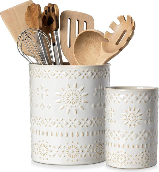 LOVECASA Utensil Holder, 7.2"+5.4" Ceramic Utensil Holder for Countertop, Large Cooking Utensil Crocks for Kitchen Counter, Farmhouse Utensil Vase for Housewarming, Kitchen Decor, Set of 2, Oasis by LOVECASA