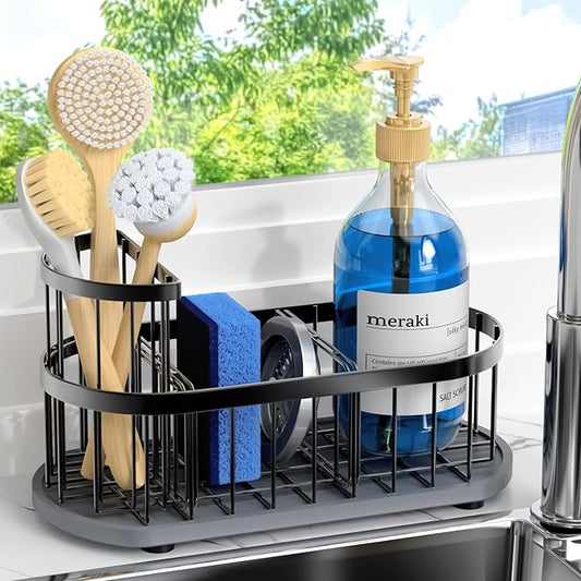 Sponge Holder for Kitchen Sink with High Brush Holder, [Stay-Dry Anywhere & No Drainage Needed] Rustproof Stainless Steel Kitchen Sink Caddy Organizer with Water Absorbing Stone Tray, Black by HOKEMOM