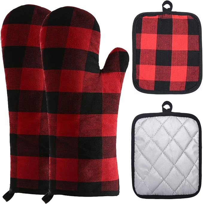 Oven Mitts and Potholders BBQ Gloves-Oven Mitts and Pot Holders with Recycled Infill Silicone Non-Slip Cooking Gloves for Cooking Baking Grilling (4-Piece Set) (Black/Red) by Win+Change
