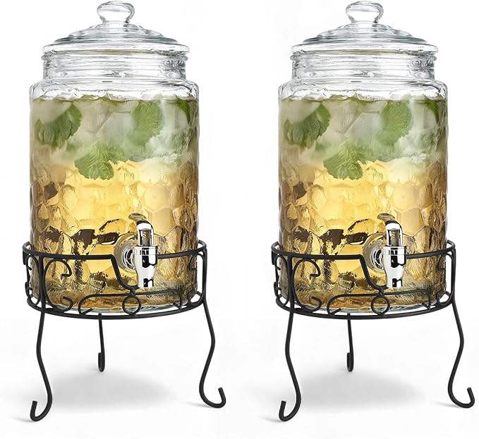 2 PACK 1.5 Gallon Drink dispenser, Classic Hammered Glass Beverage Dispenser With Elegant Stand, Drink Dispensers for Parties With Spigot 100% Leakproof. Perfect For Parties And Daily Use
