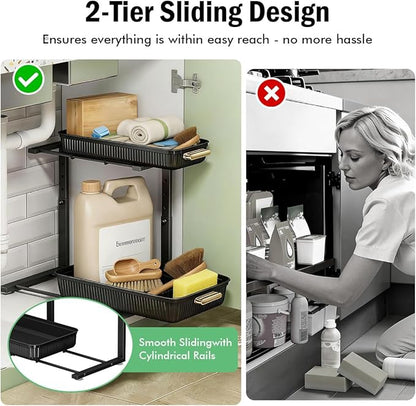 ARSTPEOE Under Sink Organizer - 2 Packs Multi-Purpose Pull-Out Storage Organizers, Slide out Pull out Metal Cabinet Organizer Shelf, Storage for Kitchen Bathroom, Black - Image 4