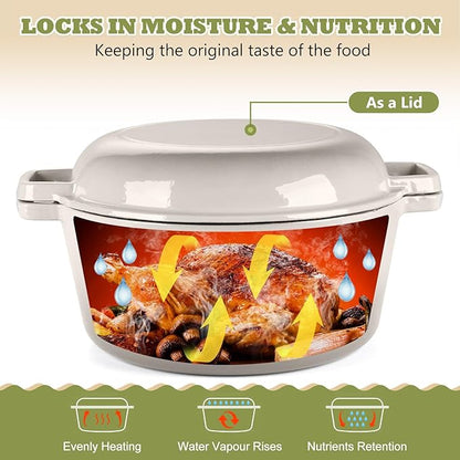 P&P CHEF 5Qt Dutch Oven Pot for Bread Baking (Khaki), 2 In 1 Round Cast Iron Dutch Oven with Lid Set, Skillet & Pot for Roasting Braising Stewing Frying Simmering, Multi Stoves & Oven Safe - Image 4