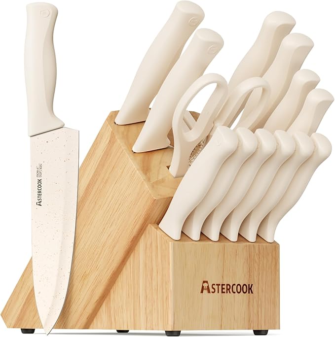Astercook Knife Set, 15 Pieces Kitchen Knife Set with Sharpener Block, German Stainless Steel Knives Set with Anti-Rust Coating, Dishwasher Safe Elegant Cream White Knife Block Sets, Mothers Day Gifts by Astercook