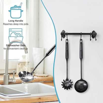 Soup Ladle - 18/10 Stainless Steel Ladle Spoon, 13.8" Large Soup Spoons, Resilient Kitchen Metal Ladel for Cooking, Serving, Stirring, Canning，Sauce, Wok & Soup，Black, Christmas Gifts - Image 2