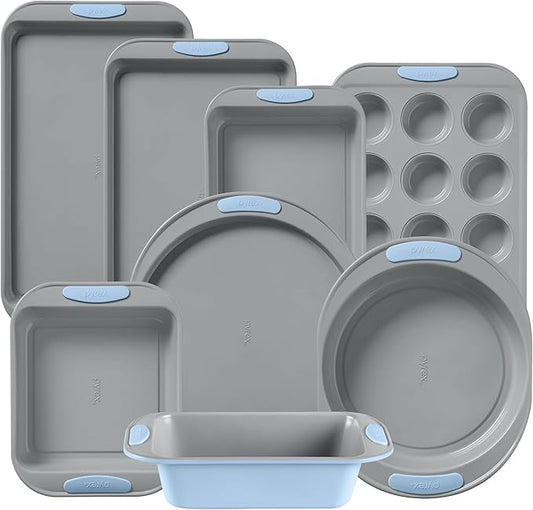 Pyrex 8-Piece Metal Bakeware Set, Lightweight Stainless Steel Baking Trays with Heatsafe Silicone Handles, Cookie & Muffin Sheets, Round/Square Baking Pans, Cerulean