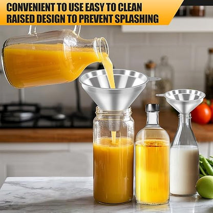 Serinar 3-Piece Stainless Steel Kitchen Funnel Set for Kitchen Bottle Filling, 2 Funnel Sizes and 1 Strainer for Oils, Liquids, Fluids, Dry Ingredients and Powders, Durable, Washable - Image 6
