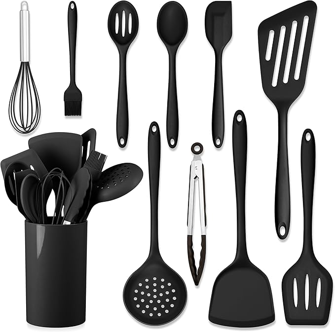 HaWare 11 PCS Silicone Cooking Utensils Set, Heat Resistant Kitchen Utensils with Holder, Food-grade Spatula Sets for Nonstick Cookware, Kitchen Tools Gadgets Include Fish Turner, Spoon (Black) by HaWare