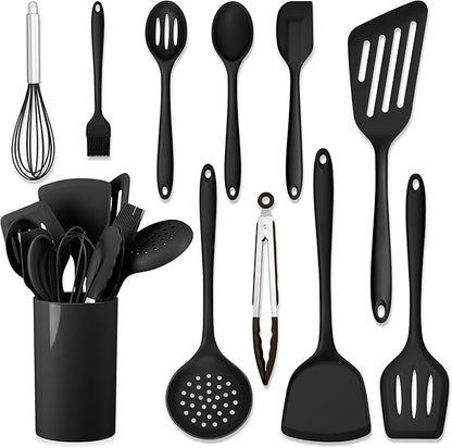 HaWare 11 PCS Silicone Cooking Utensils Set, Heat Resistant Kitchen Utensils with Holder, Food-grade Spatula Sets for Nonstick Cookware, Kitchen Tools Gadgets Include Fish Turner, Spoon (Black) by HaWare