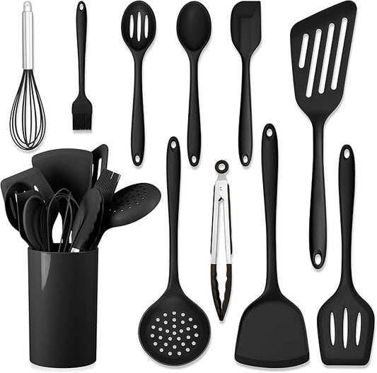 HaWare 11 PCS Silicone Cooking Utensils Set, Heat Resistant Kitchen Utensils with Holder, Food-grade Spatula Sets for Nonstick Cookware, Kitchen Tools Gadgets Include Fish Turner, Spoon (Black) by HaWare