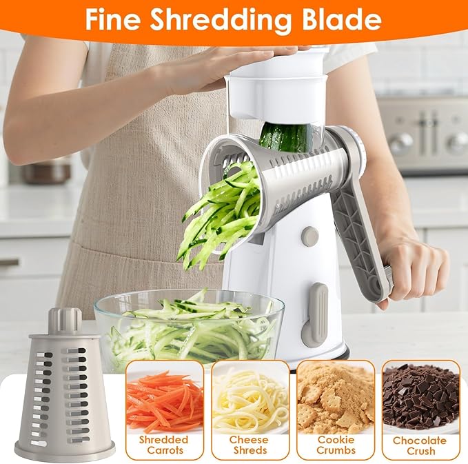 MealHelper 5 Blade Rotary Cheese Grater and Vegetable Chopper with Storage Box and Hand Crank, Compact Shredder for Cheeses, Veggies, Nuts - Easy to Use, Non-slip Suction Base,White - Image 6