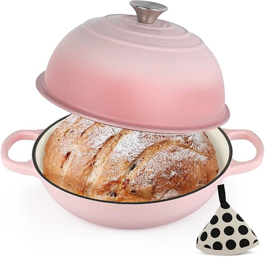 Enameled Cast Iron Bread Oven, Dutch Oven Pot with Lid & Cotton Potholder, 10" Bread Dutch Oven for Bread Baking, 6 Quarts Bread Pan with Dome Lid, Non-stick Cookware for Homemade Bread, Pink