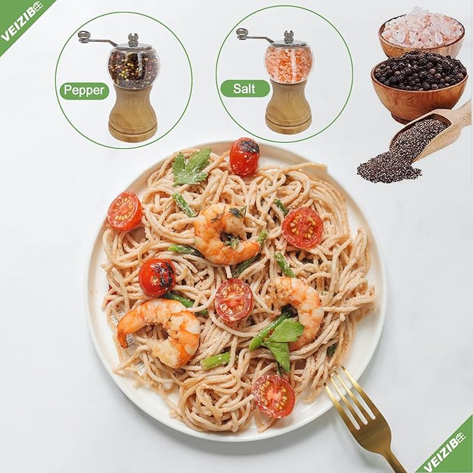 Salt and Pepper Grinder Set Manual Pepper Mill Set Classical Hand Shake Wooden Salt Mill Acrylic Ceramic Blades Upgrade Metal Handle, Enjoy Pepper Salt Various Spices (Burlywood 2pcs-5in)