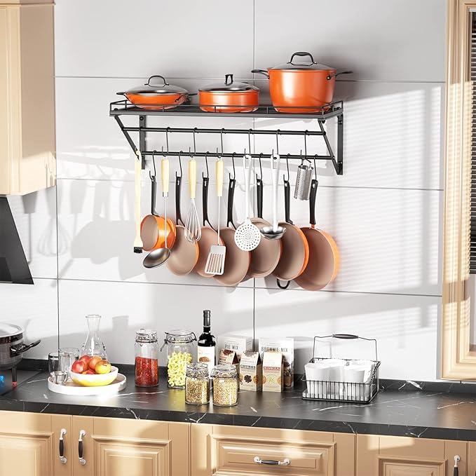 OROPY 31 Inch Wall Mounted Pot Rack Storage Shelf with 2 Tier Hanging Rails 14 S Hooks included, Ideal for Pans, Utensils, Cookware - Black - Image 2