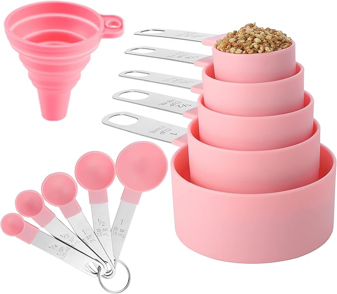 Measuring Cups and Spoons Set of Huygens Kitchen Gadgets 10 Pieces, Stackable Stainless Steel Handle Measuring Cups for Measuring Dry and Liquid Ingredient (Pink) by Huygens