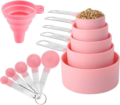 Measuring Cups and Spoons Set of Huygens Kitchen Gadgets 10 Pieces, Stackable Stainless Steel Handle Measuring Cups for Measuring Dry and Liquid Ingredient (Pink) by Huygens
