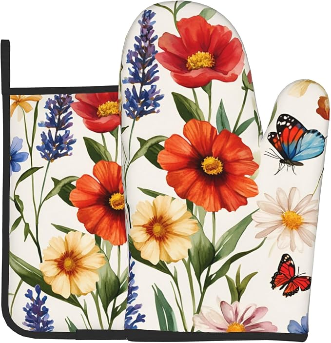 Cute Oven Mitts and Pot Holders Sets Poppy Daisy Flowers Kitchen Gloves Lavender Butterfly Hot Pads 2 Pieces Set Spring Summer Floral Kitchen Decor and Accessories by DZGlobal